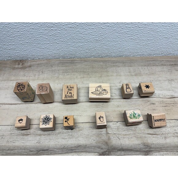 Mixed Brands Set Of 12 Wood Mounted Rubber Stamps - Picture 1 of 3